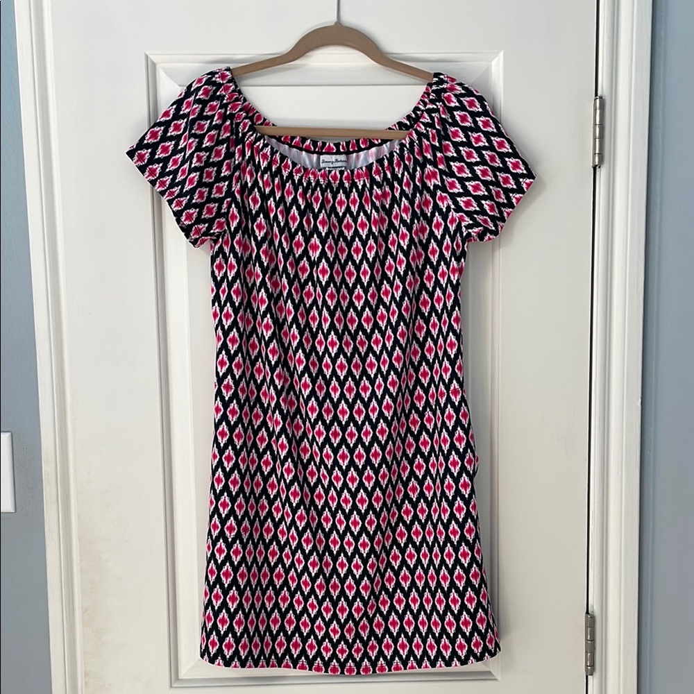 Tommy Bahama Pink and Black Flutter Sleeve Midi Dress